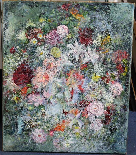 Modern British Still life of flowers, 30 x 25in., unframed